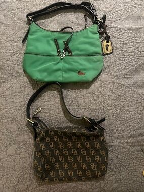 Dooney and Bourke Green Nylon Bag with Leather and Free DB Logo Brown Canvas Bag